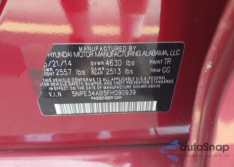 2015 Hyundai Sonata Sport 2.0T from USA, damaged, VIN 5NPE34AB5FH090939